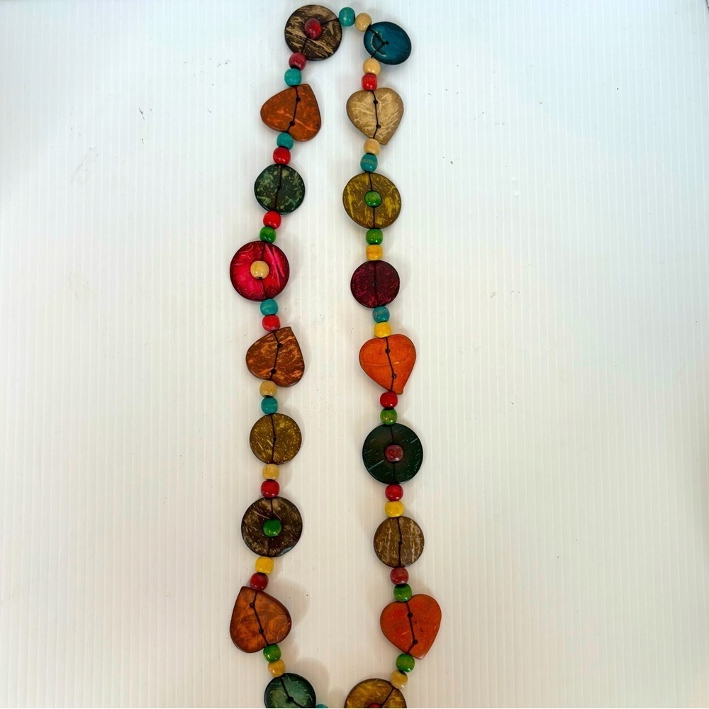 Colored wood bead necklace Tagua Nut Hearts circles Long No Clasp 18” Long